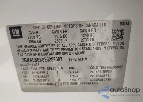 2014 Chevrolet Equinox 1Lt из США, поврежденный, VIN 2GNALBEK0E6282387